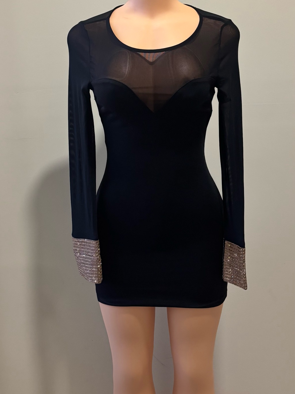 Fashion Nova Black Mesh Long Sleeve Bodycon Mini With Rhinestone Cuffs